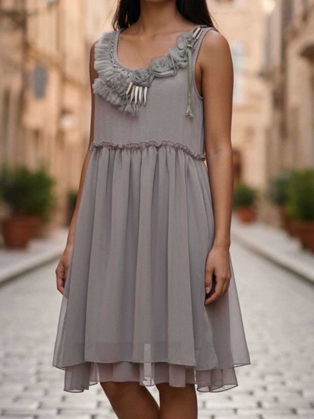 Forla Paris Womens Silvery Grey Dress Rosette & Bead Details Tulle Overlay Small